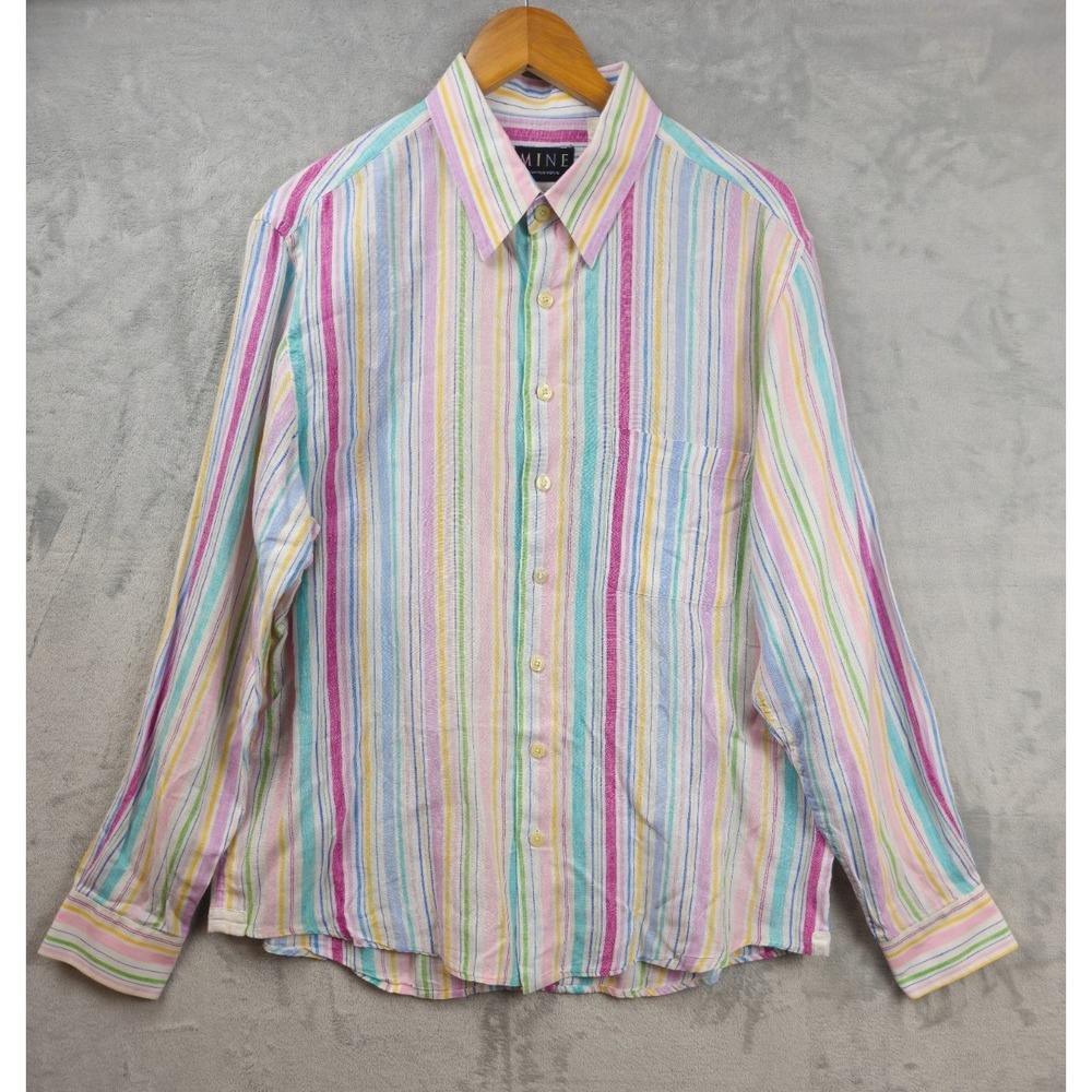 Mine Linen Shirt Mens Large Long Sleeve Pink Purple Blue Striped Casual Beach